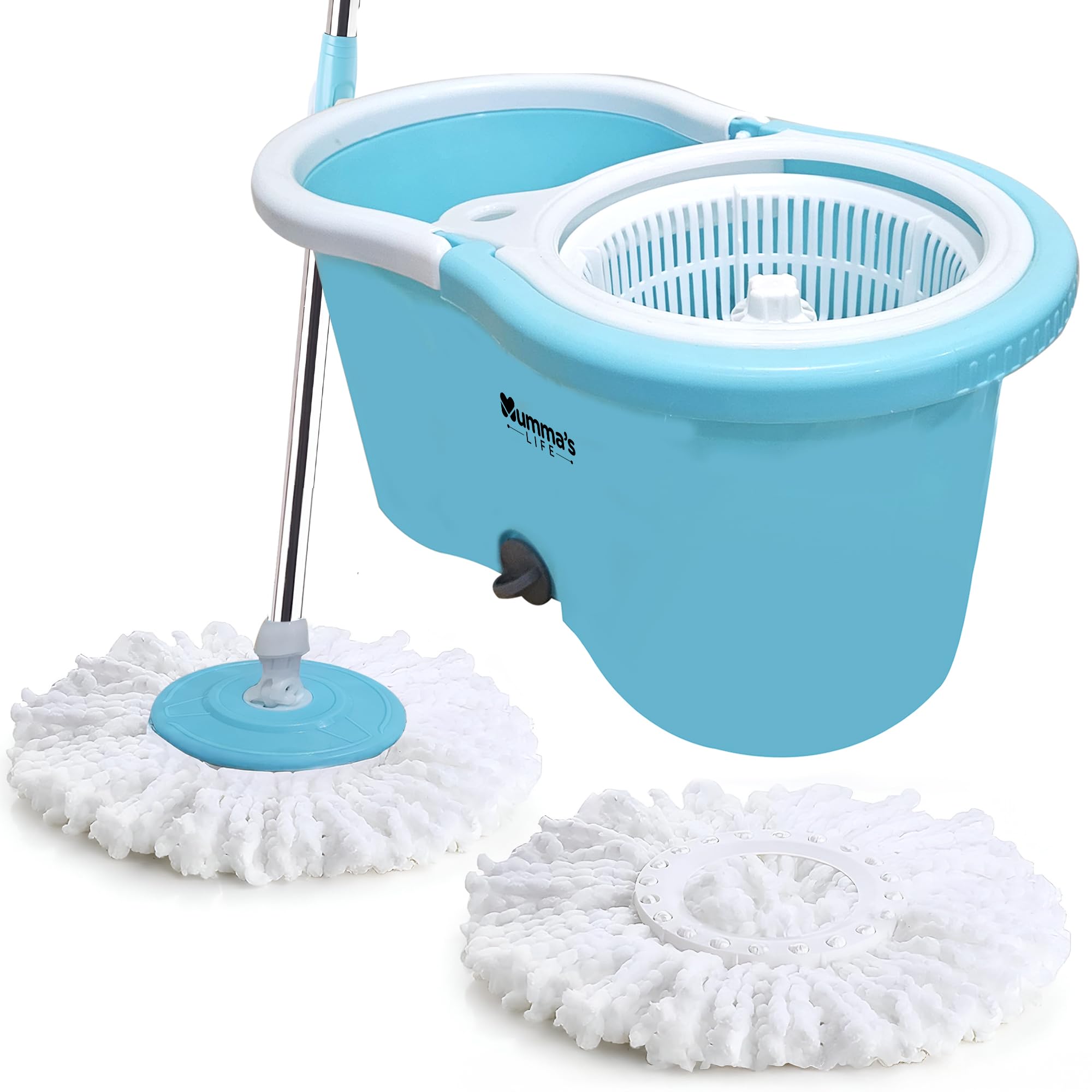 mumma's life bucket spin mop with 2 wet/dry mop heads extendable metal handle heavy duty removable plastic wringer 360° floor cleaning mopping set (round mop)