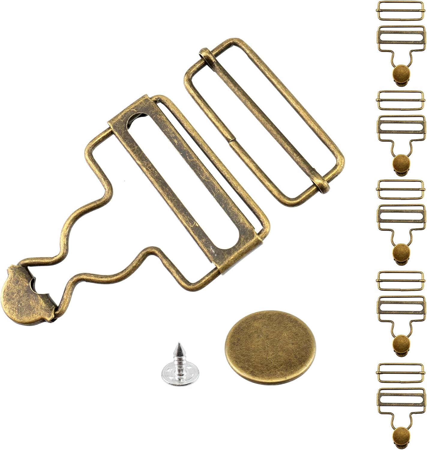 BlingKingdom 6 Sets Metal Overall Buckles Replacement, 1-1/2" Gourd Overall Clasp Clips with Adjustable Tri Glide Slide Buckle and Buttons for Bib Pants Jeans Suspenders (Bronze)