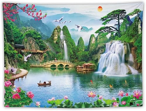DDCBNS Tapiz de naturaleza para colgar en la pared, bosque de montaña, lago, cascada, puesta de sol, árbol, paisaje, pájaros, tapiz para colgar en