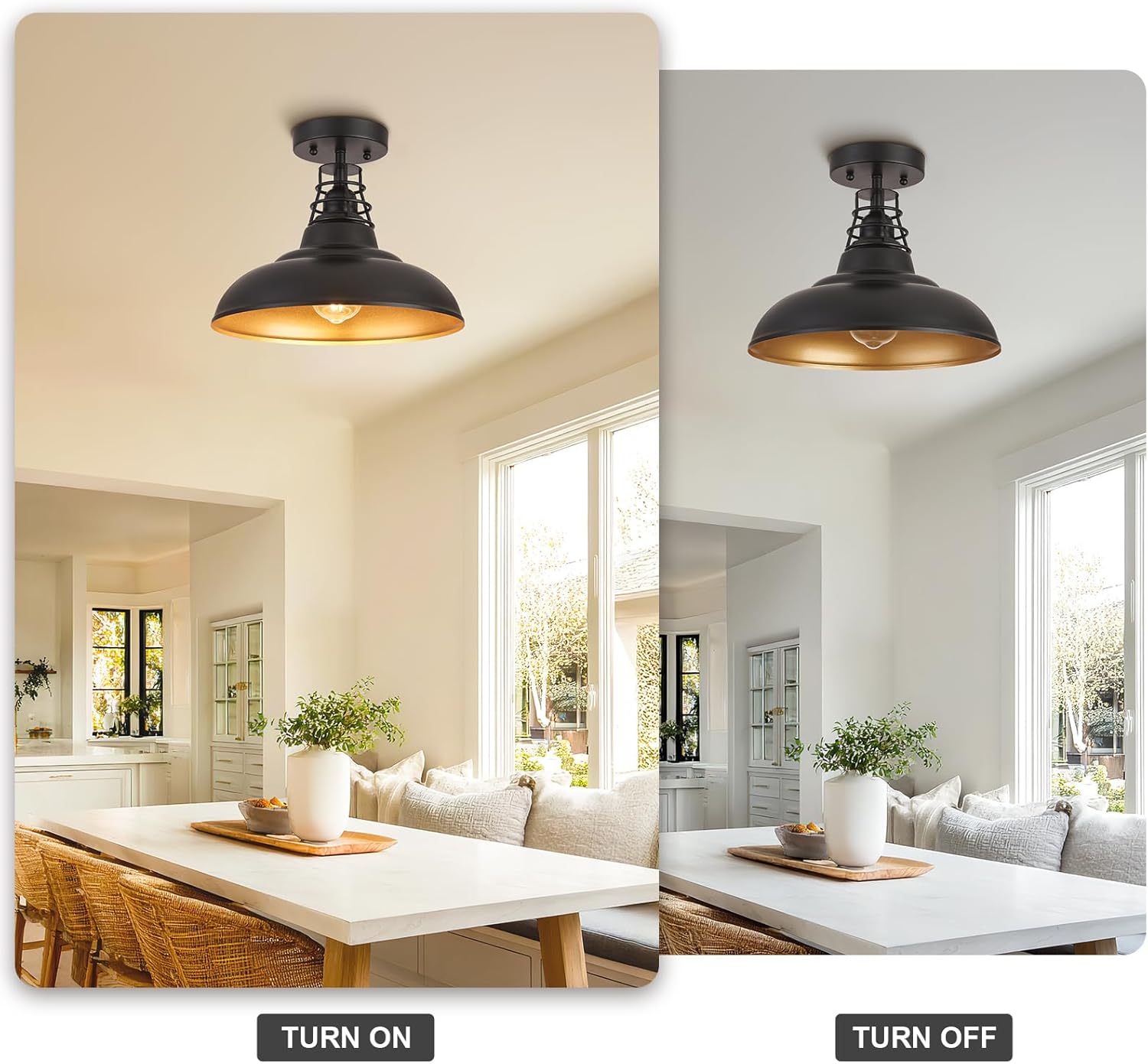 12 Inch Farmhouse Semi Flush Mount Ceiling Light Industrial Close to Ceiling Lighting Fixtures, Rustic Vintage Metal Dome Black Ceiling Lamp for Kitchen Island Bedroom Hallway 2 Pack