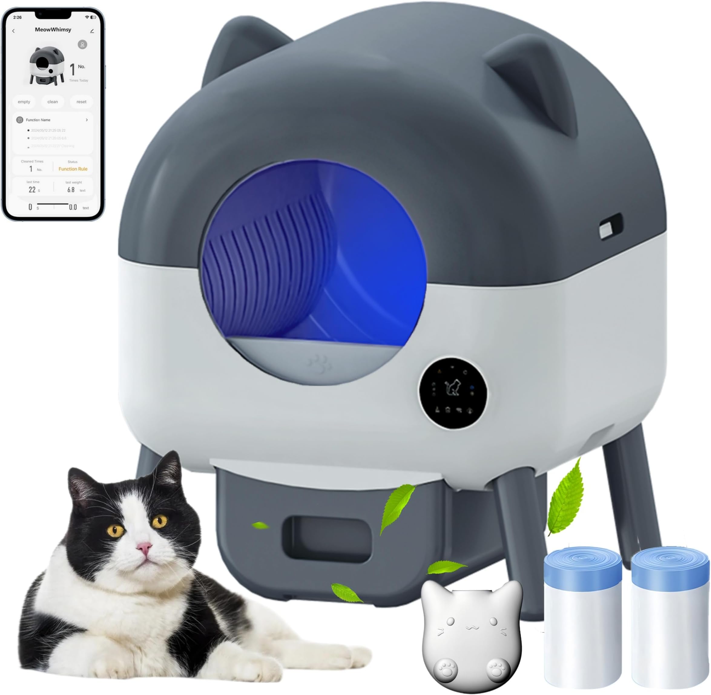 Automatic cat Litter Box self Cleaning for Multiple Cats, Extra Large 95L self-Cleaning Litter Box - Safety Sensors, App Control, Odor-Free, Removable Washable Liner,2 Rolls Garbage Bags&Aroma Box