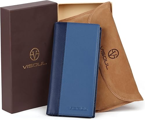 Miniatura 6 de VISOUL Billeteras largas de cuero con bolsillo con cremallera para hombres y mujeres, bloqueo RFID, billetera alta para secretaria de efectivo (azul