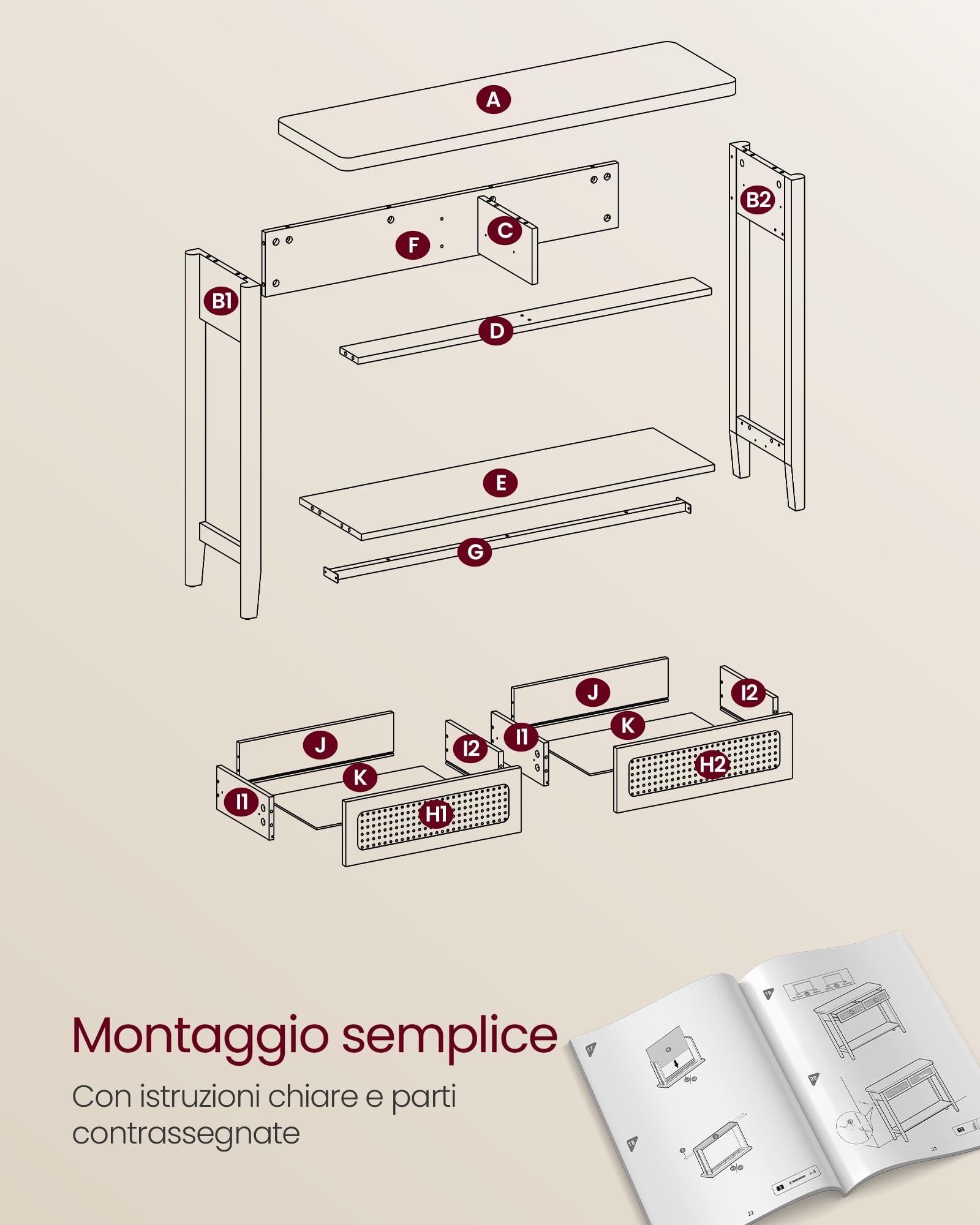VASAGLE Consolle Ingresso, Tavolo Consolle per Corridoio, Tavolino da Divano Sottile per Soggiorno, Ingresso con 2 Cassetti, Ripiano Aperto, Angoli Arrotondati, Stile Boho, Beige Rovere LNT016Y57
