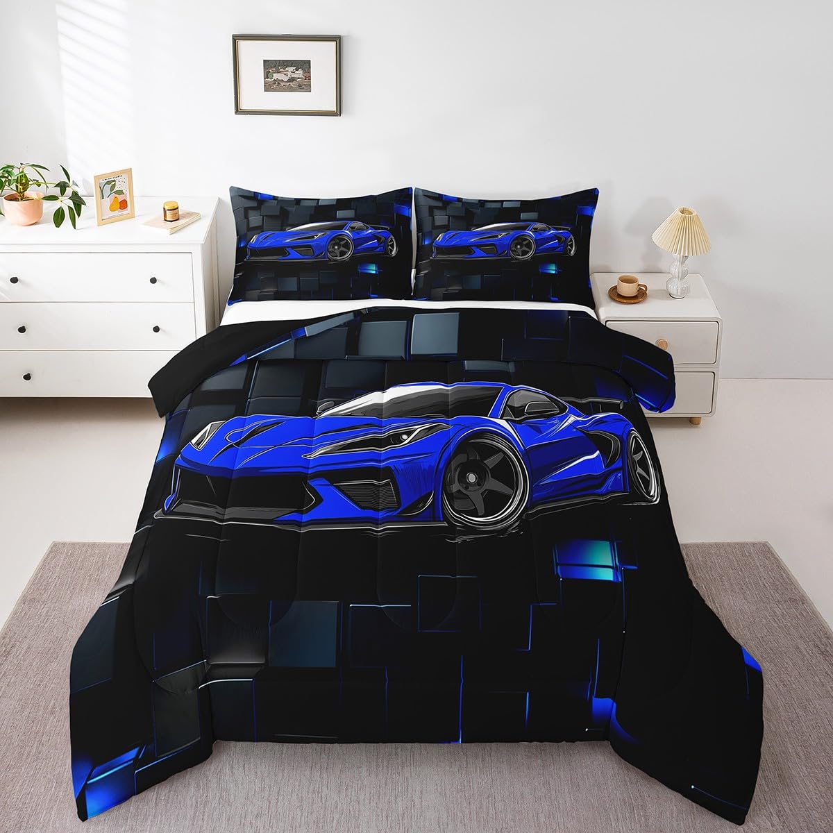 Erosebridal Race Car Full Comforter Set for Boys Blue Sports Car Kids Bedding Set Cool Speed Race Car Down Comforter Extreme Sports Racing Competition Quilt 3D Geometric Duvet Insert