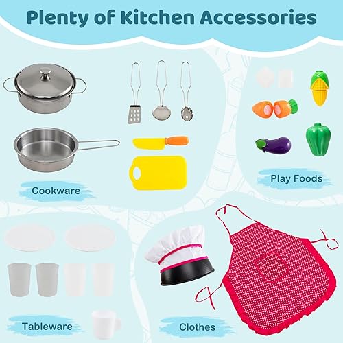 Miniatura 6 de HONEY JOY Juego de cocina para niños, juego de cocina modular de 2 piezas con luces, refrigerador y máquina de hielo, utensilios de cocina, armario