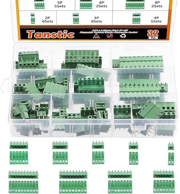 Tanstic 32 Sets Terminal Blocks, 5.08mm Pitch 2/3/4/5/6/7/8/9/10 Pin 10A 300V PCB Mount Screw Pluggable Male Female Terminal Block Connector