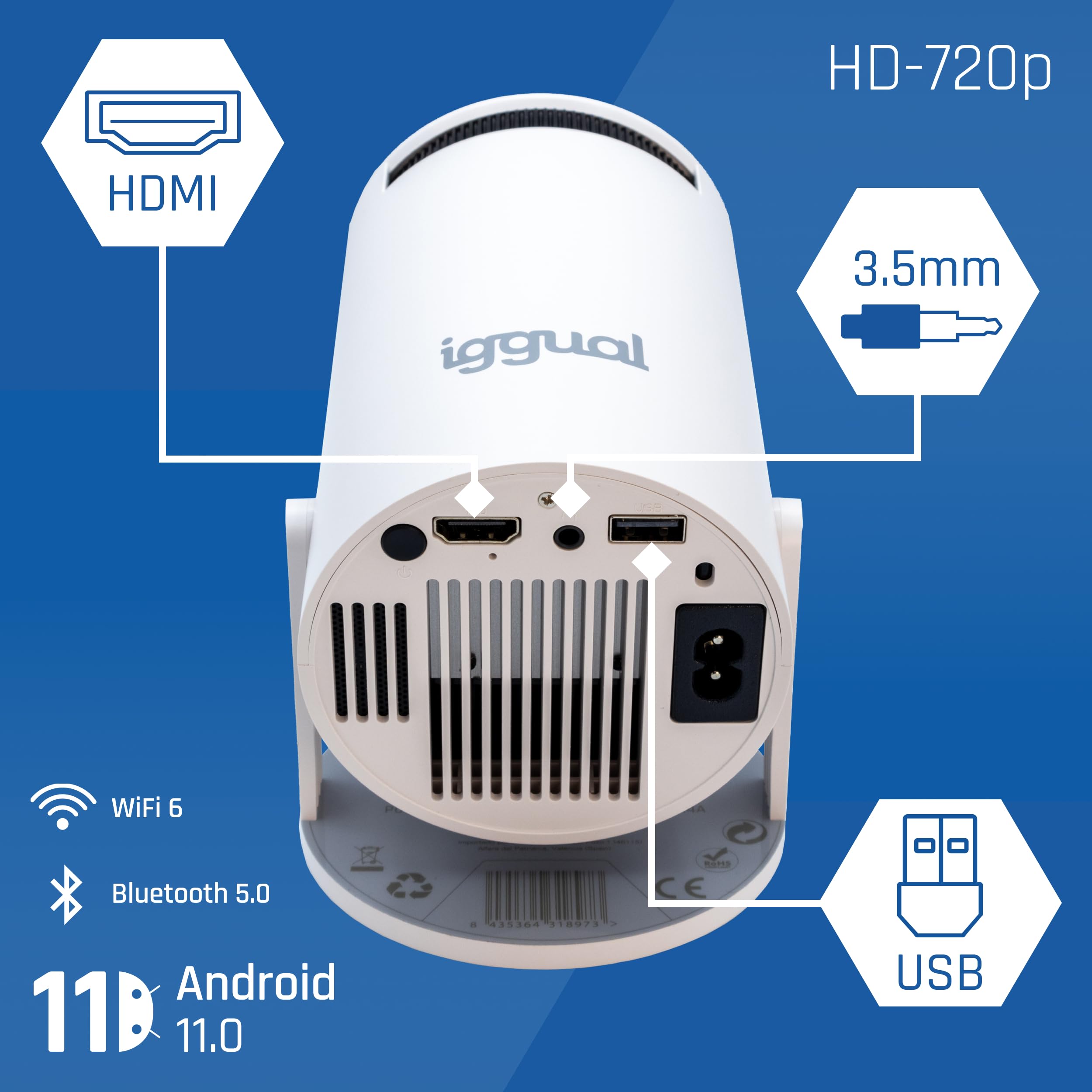 Iggual - Projecteur Portable avec Écran 100”, Videoprojecteur MP720p avec Android TV, HDMI, WiFi et Bluetooth 5.0, Projecteur 120 ANSI Lumens avec Correction Verticale, Rotation à 180º et Haut-Parleur
