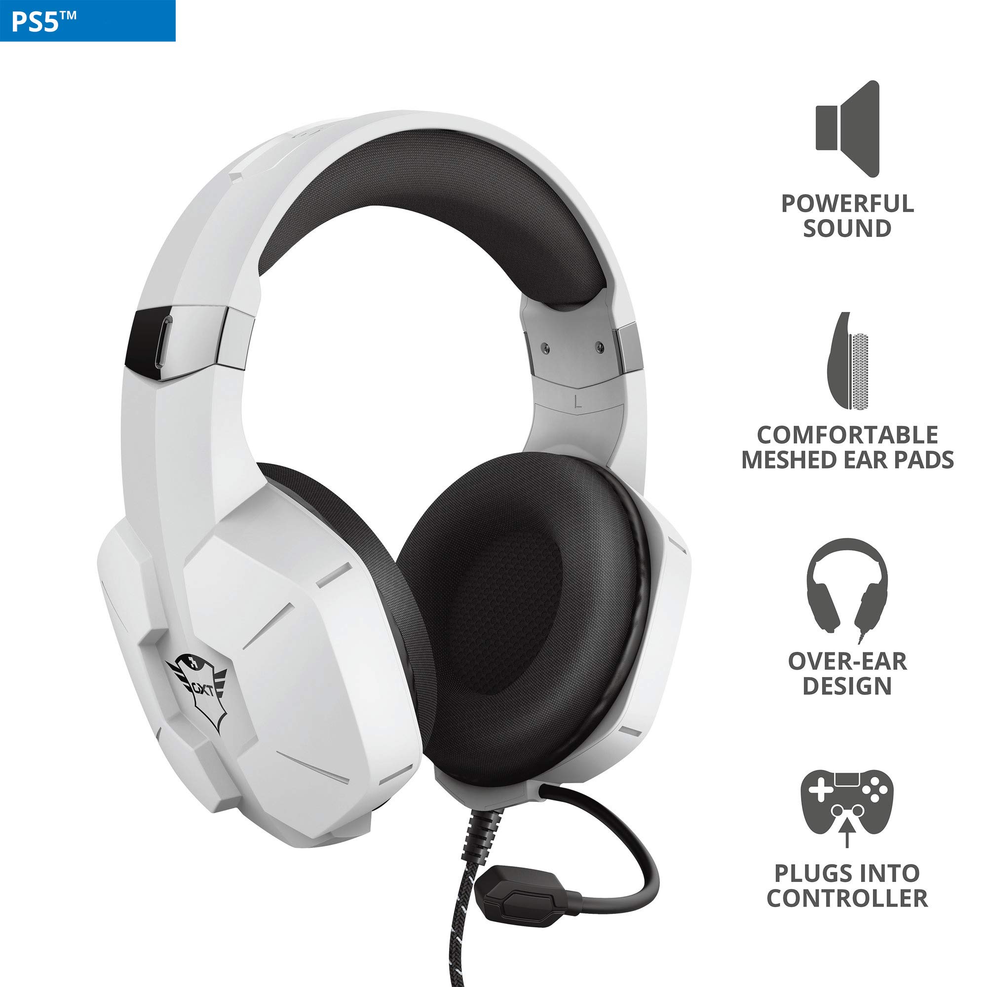 Trust Gaming Cuffie PS4, PS5, PlayStation 4/5 GXT 323W Carus con Microfono Flessibile, 3.5 mm Jack, Filo, Over Ear, Controllo del Volume ed Esclusione Audio del Microfono - Bianco