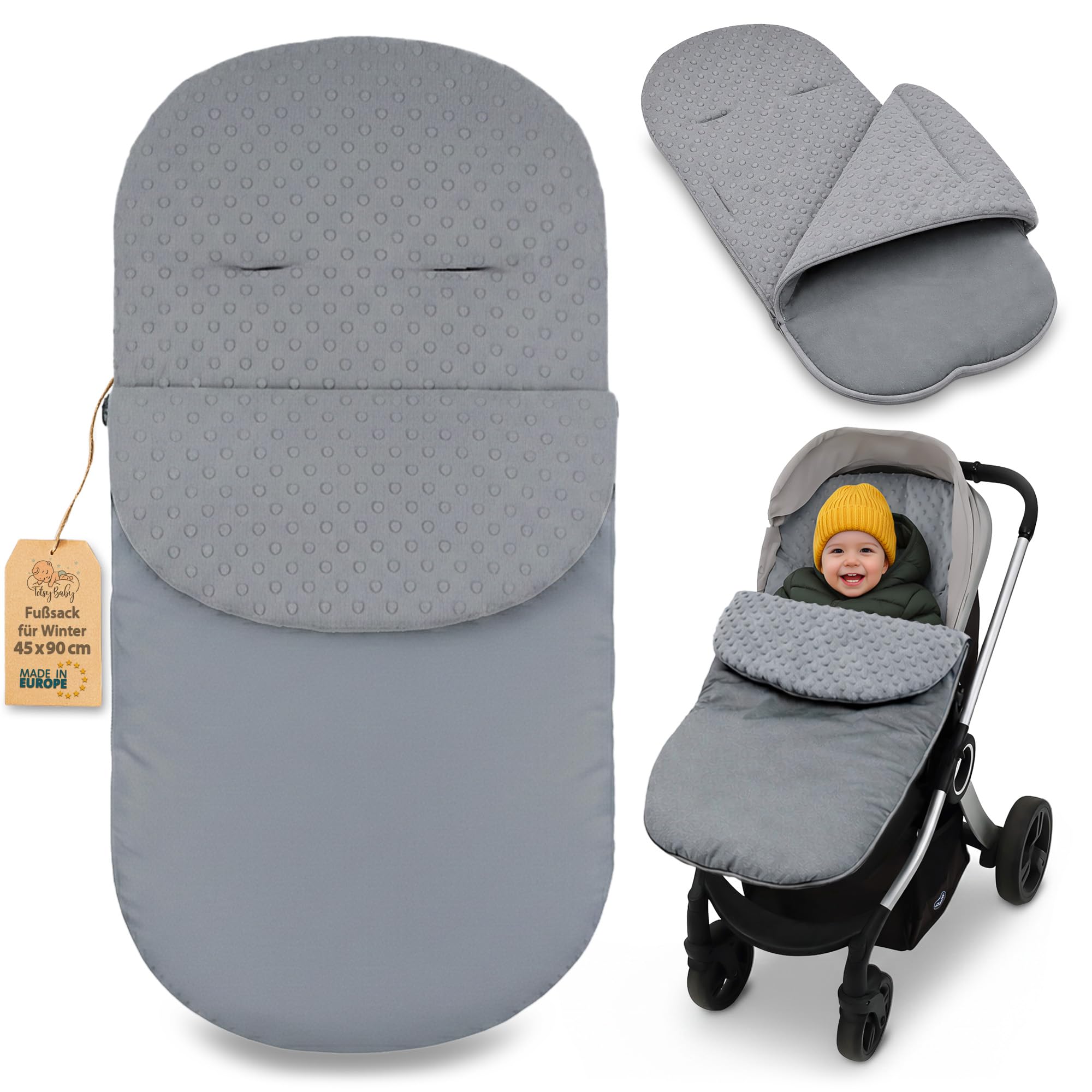Fußsack Kinderwagen und Buggy für Winter 90x45 cm - Fusssack Winterfußsack warme Einlage Einschlagdecke Baby Zubehör warm Minky Zertifikat Oeko-Tex Grau