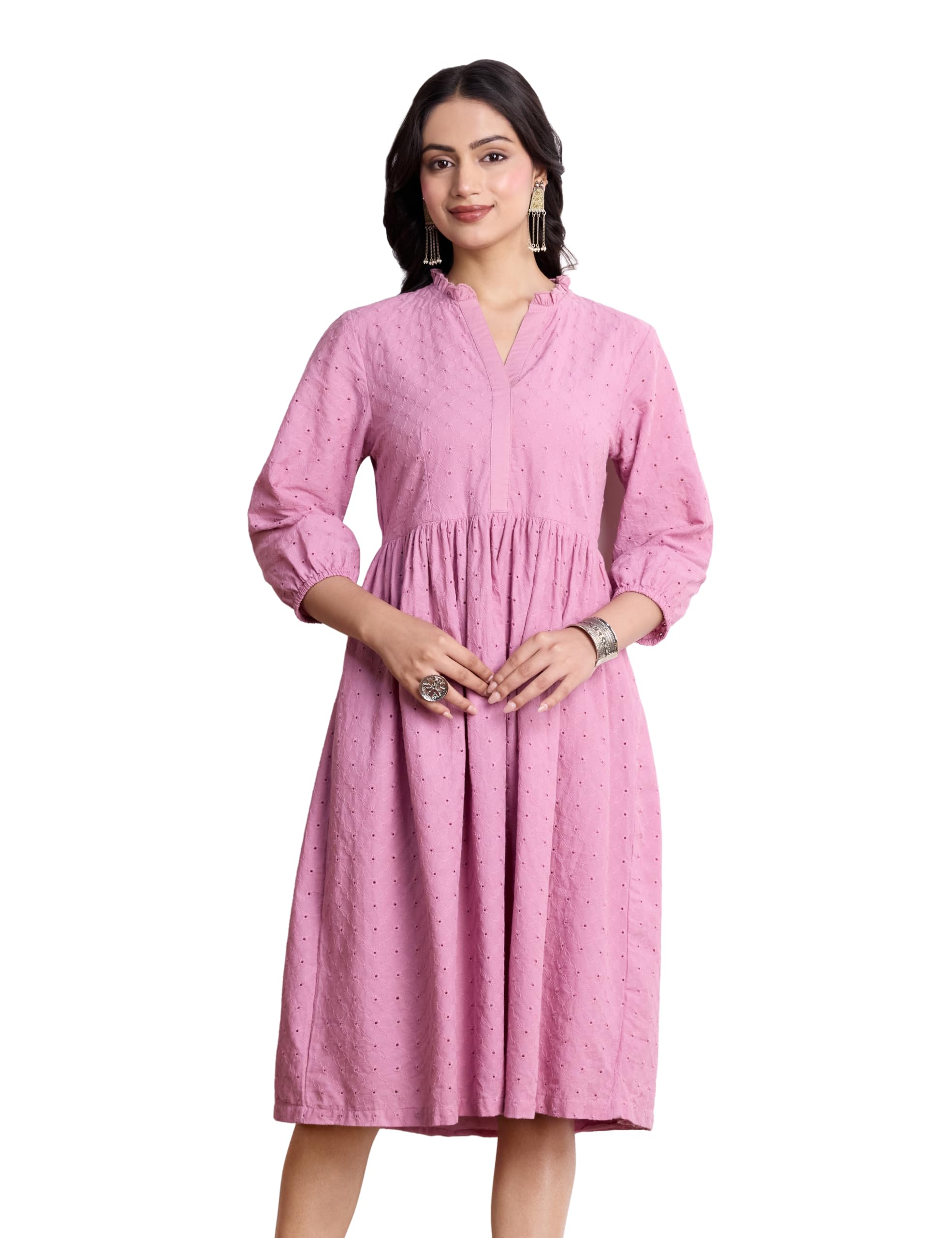 Women's Schiffli Embroidery Ethnic Dress | Fit and Flare | Knee Length (Available in Plus Sizes)-image-32