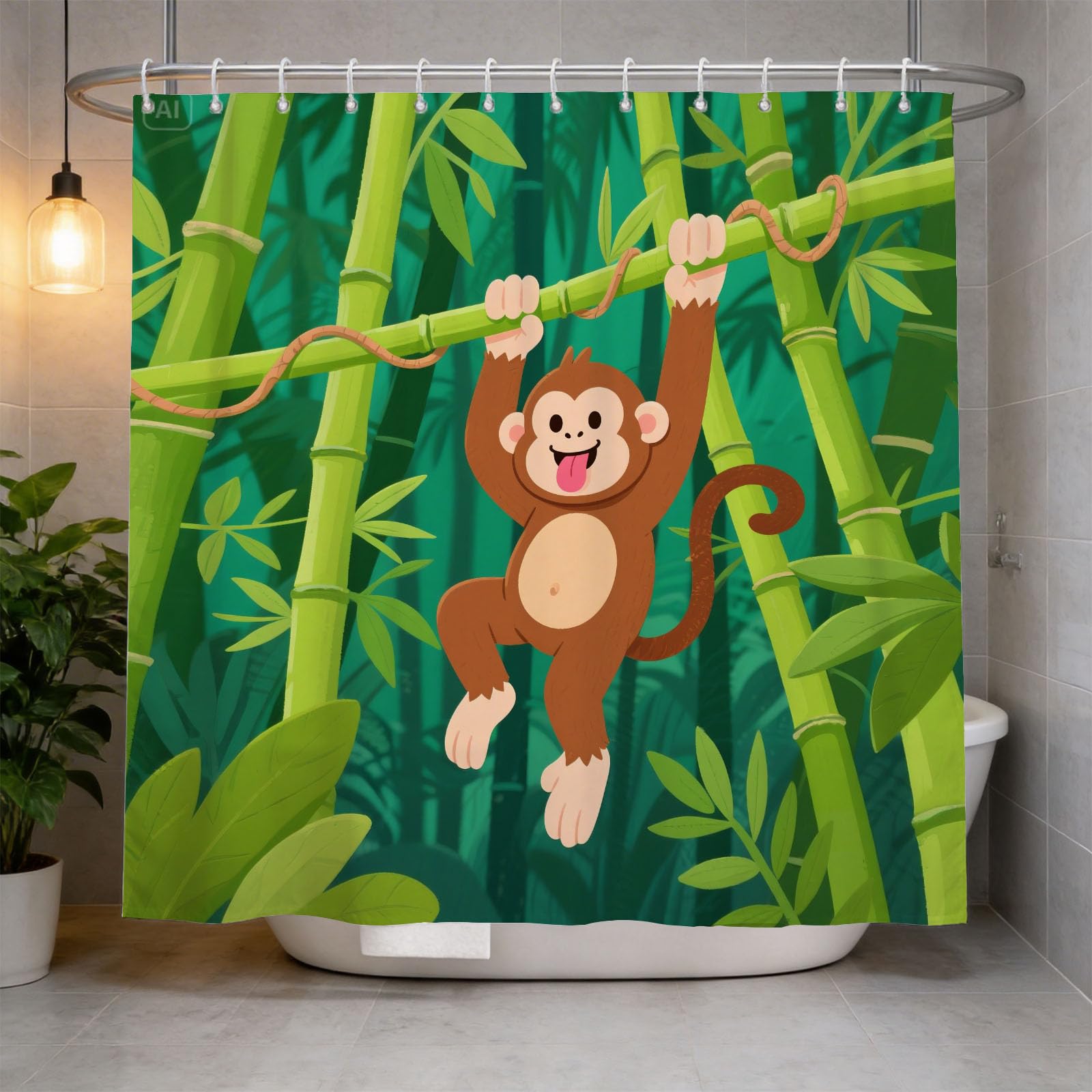 Hongduo 3D Cute Monkey Shower Curtain for Stalls Bathtubs Cartoon Bathroom Decor Shower Curtain Set Polyester Fabric Waterproof 200x200cm/79X79 Inch with Hooks