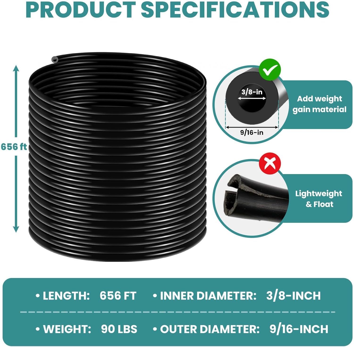 3/8 inch ID x 9/16 inch OD x 656 FT Self-Sinking Black Vinyl Tubing, Non-Toxic BPA Free Flexible Plastic Tube for Pond Aeration, Drip Irrigation, Water Air Oil Transfer