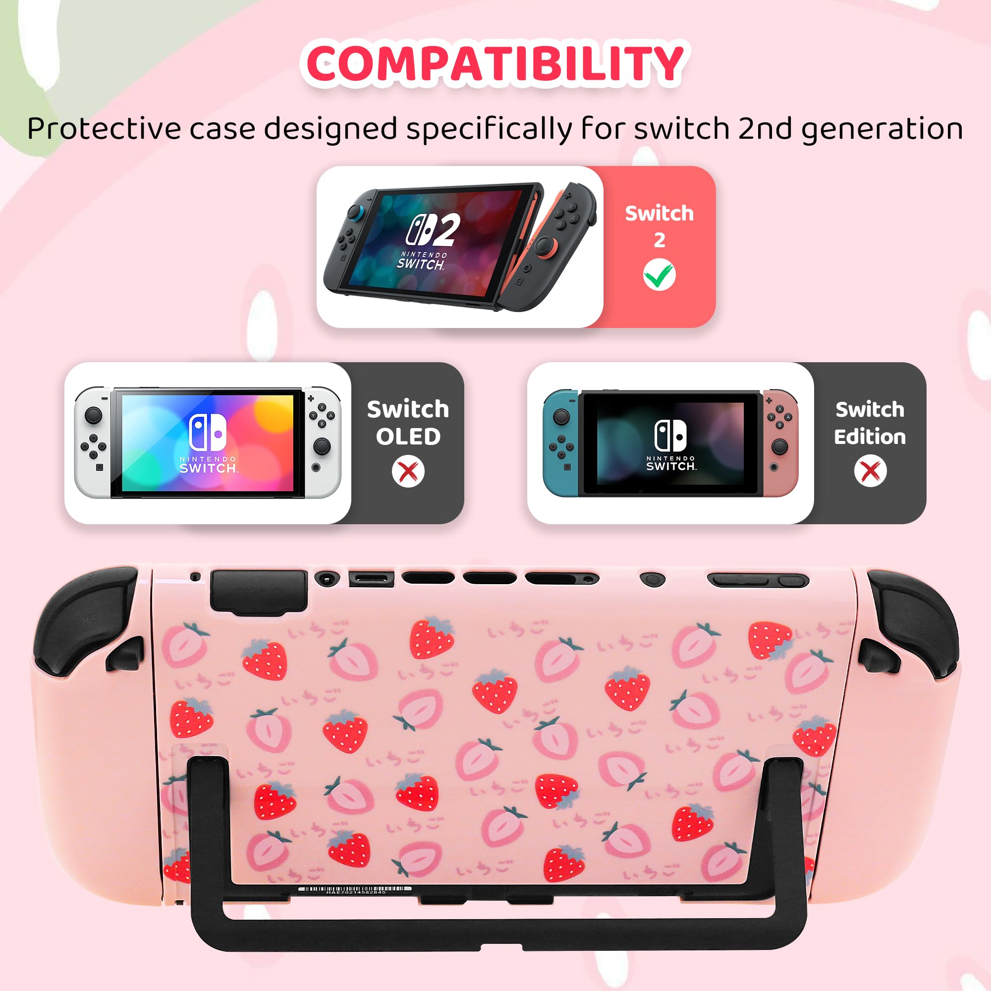 FANPL Bonita funda de transporte para Nintendo Switch 2, funda protectora con funda de viaje, carcasa dura, correa de hombro ajustable, agarres para el pulgar, protector de pantalla (fresa rosa)