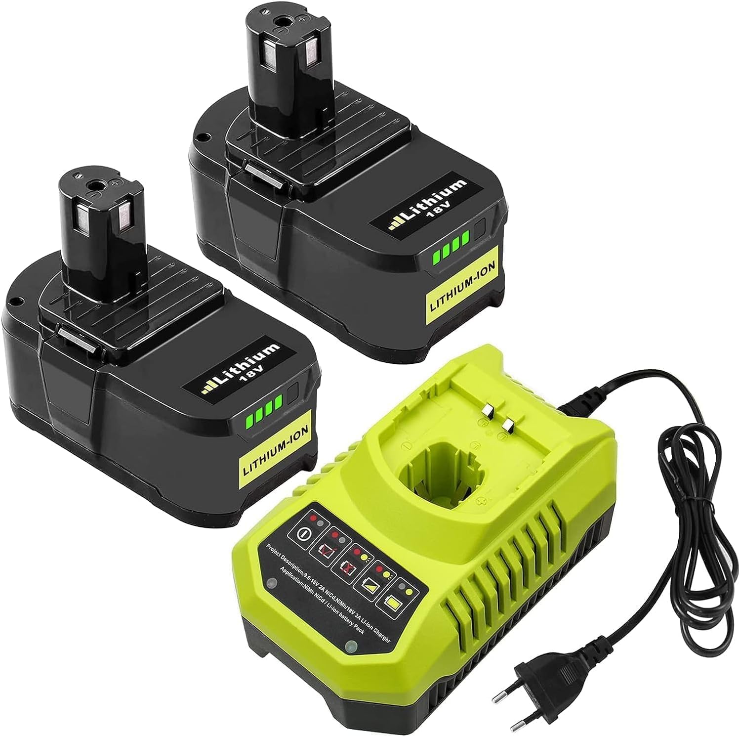 2 batterie di ricambio RB18L50 18 V 5,5 Ah compatibili con Ryobi2 pezzi RB18L50 18 V 5,5 Ah batteria di ricambio per batteria Ryobi e 1 pezzo 9,6 V-18 V 3 A per Ryobi agli ioni di litio e