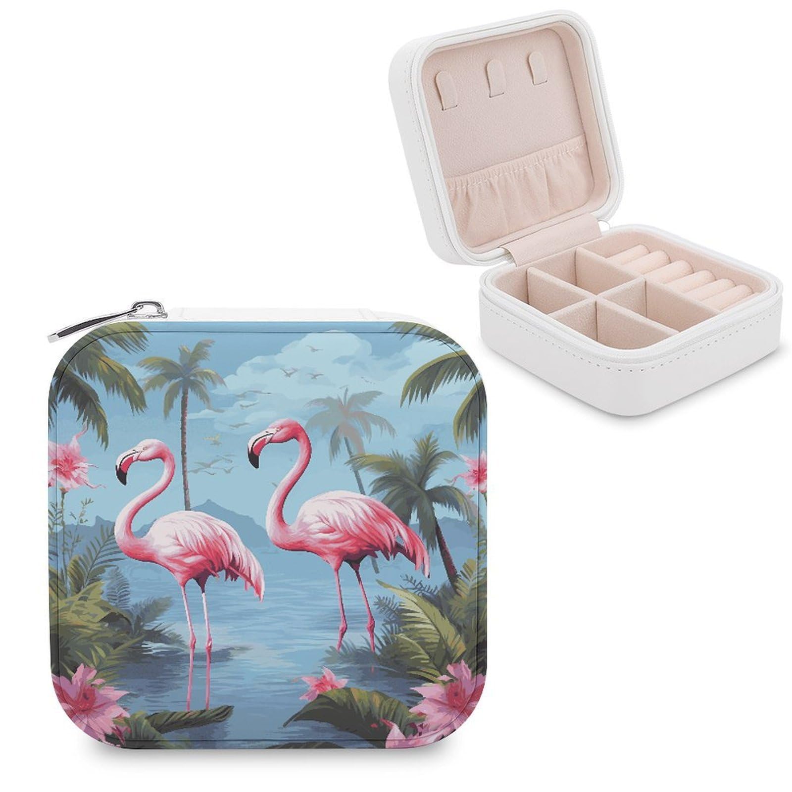 MUSM Tropical Flamingos Travel Jewelry Case Personalized PU Leather Jewelry Boxes for Women Small Portable Jewelry Organizer Box Cute Trinket Box for Necklaces Rings Earrings & Gifts