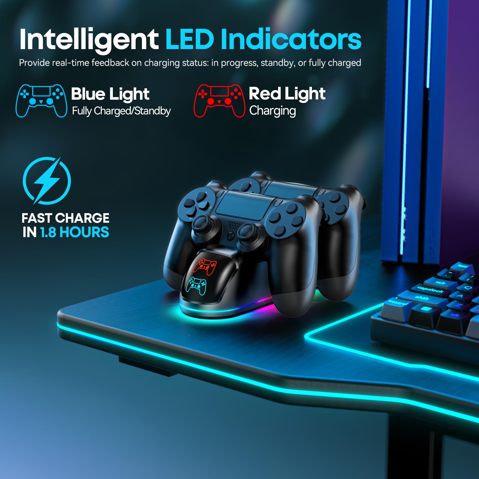 Base Carica Controller PS4 per PS4/Slim/Pro, Caricatore Controller PS4 Dual Shock 4 con 9 Illuminazione RGB, Stazione di Ricarica Playstation 4 Rapida per Dual Controller, Base Carica Joystick PS4