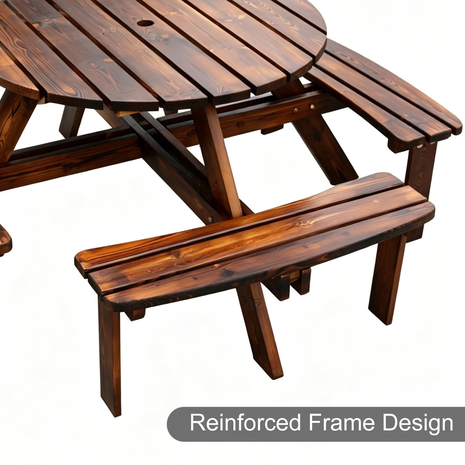 Tavolo da Picnic Rotondo All-in-one In Legno Massivo Carbonizzato, Tavolo da Esterno Resistente Per 8 Persone con 4 Panche Curve E Foro Ombrello 40mm Per Giardino