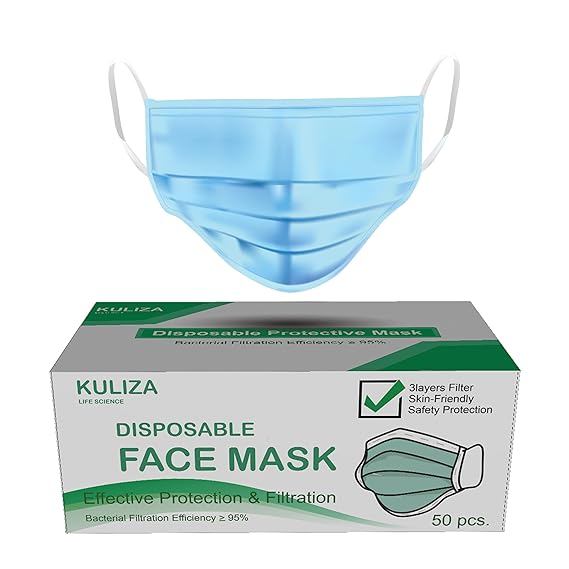 KULIZA - LIFE SCIENCE Men's and Women's 3-Layer Medical Disposable Masks with Elastic Ear Loops, Non Woven, Smooth, Breathable and Protective for virus protection without Valve, Blue (Pack of 50)