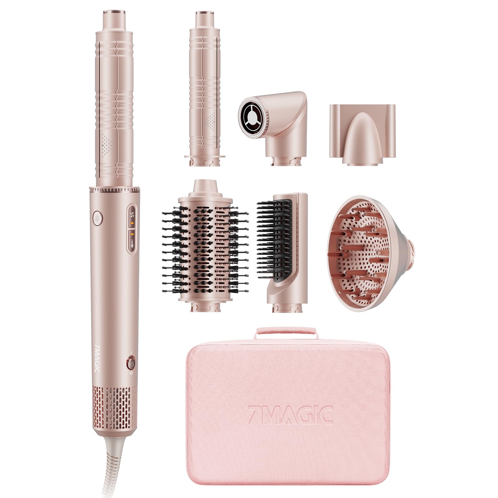 7MAGIC 7 in 1 Air Styler, Asciugacapelli Ionico, Spazzola Ad Aria Calda, Spazzola Lisciante, Arricciacapelli Automatico, Modellatori Multifunzione, Nessun Danno da Calore, con Custodia da Viaggio