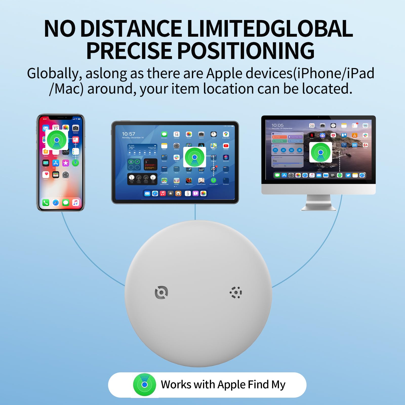Rastreador de artículos, compatible con Apple Find My (solo iOS), GPS, seguimiento asistido BLE, para perros, gatos, mascotas, llaves, coche, vehículo, niño, certificado MFi, compatible con