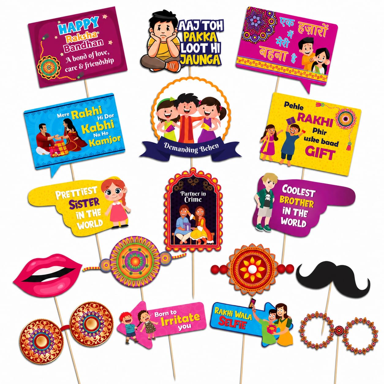 Festiko Cardstock Happy Rakhi Photobooth Props, Selfie Props For Rakhi, Raksha Bandhan Decoration Combo, 17 Pcs, Multicolor-image-48