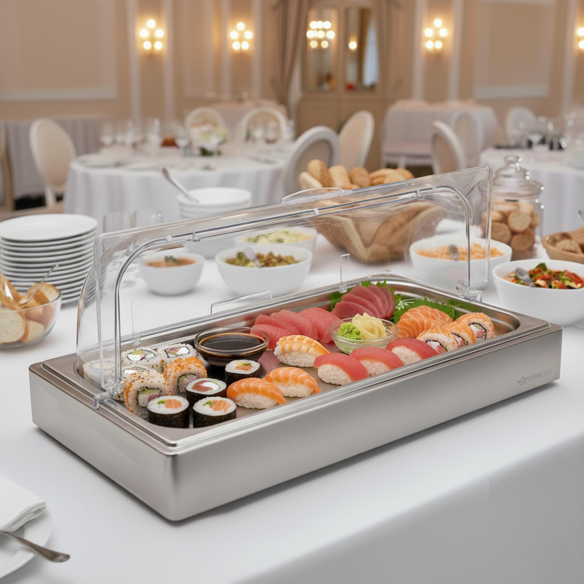 Mahlzeit Piatto da portata refrigerante | 54 x 34 x 24,5 cm | Piatto refrigerante GN 1/1 con cofano, sistema di raffreddamento con pancetta | Piatto salvafreschezza, coperchio da portata con 2 piatti