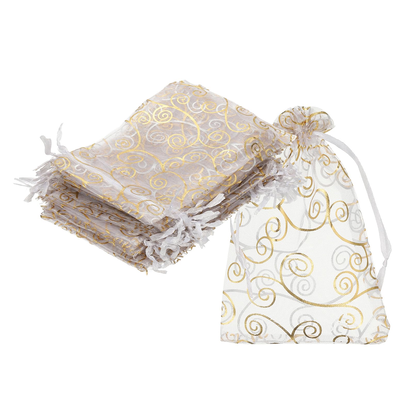 sourcing map Organza Bags, 50Pcs 8 x 11cm Candy Mesh Bag with Drawstring Jewelry Gift for Party Favor Pouch Christmas Wedding Festival Small Gift, White-Gold