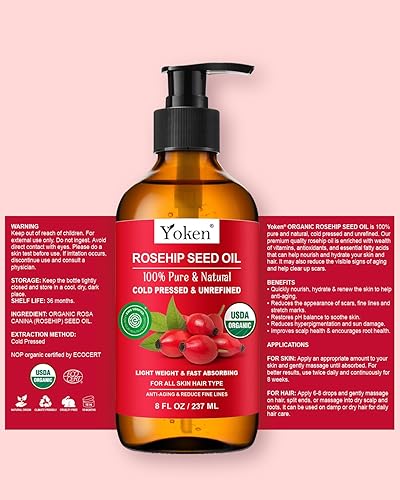 Miniatura 7 de Yoken Aceite de semilla de rosa mosqueta orgánico, certificado por la USDA, aceites de rosa mosqueta 100% puros para cara, cabello y cuerpo, 8 onzas