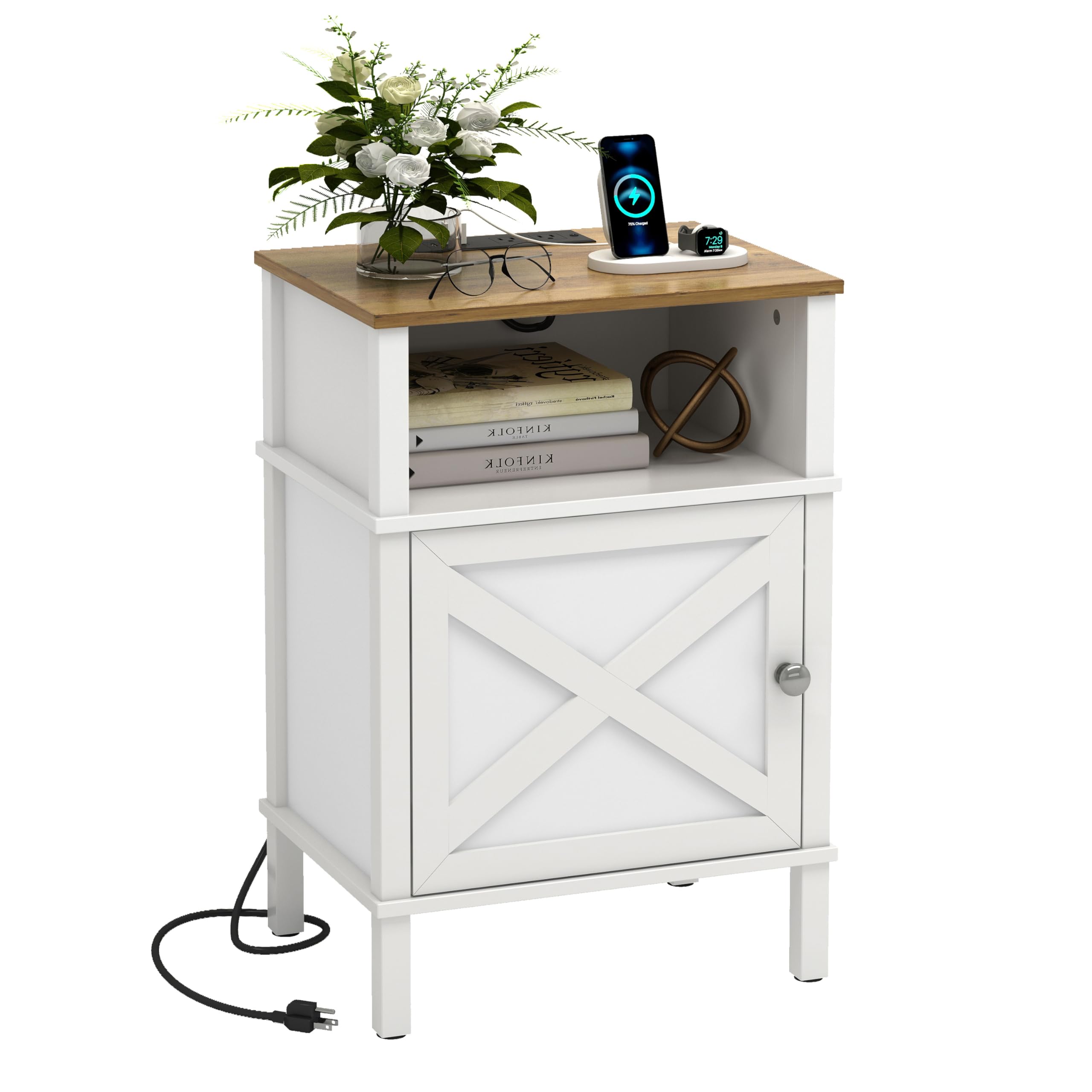 Small Nightstand with Charging Station, Farmhouse Nightstand, end Table with 2 Tiers Storage Space and Storage Cabinet, Sofa Side Tables for Bedroom, Living Room WGBZ0601