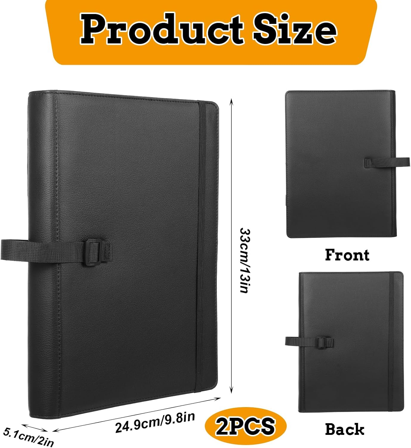 2 Pack Sheet Music Folder 3 Ring Black - 13" x 9.8", Large PU Leather Choir Folder with Hand Strap and Internal Retention Strap for Piano, Choral, Musician & Stage Performance