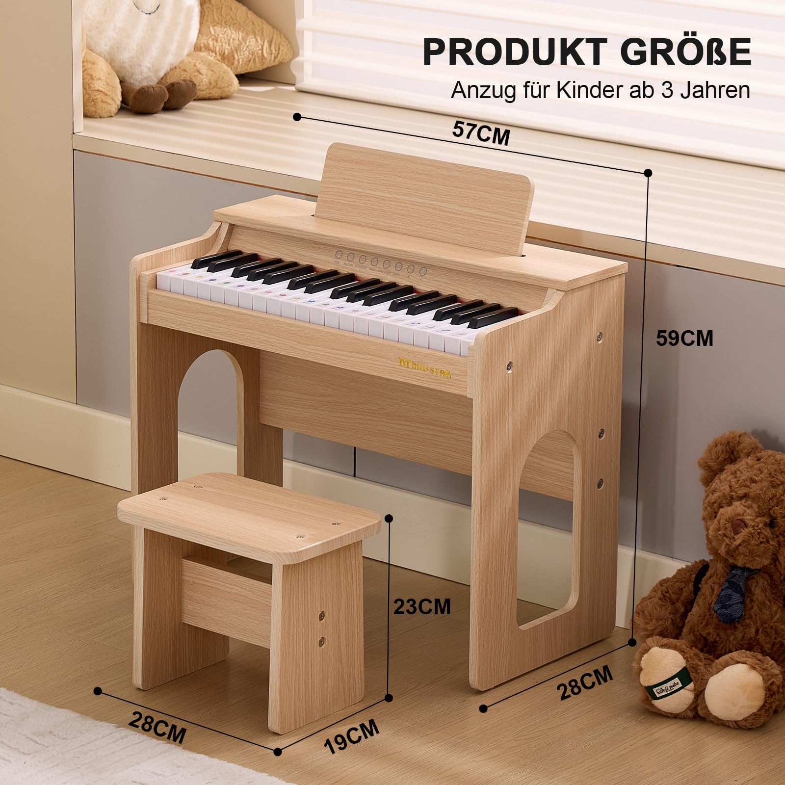 MUSTAR Piano pour Enfants, Piano numérique à 37 Touches pour Enfants, avec Banc de Piano, recueil de chansons, Autocollants et Housse de Protection, Filles et garçons, Chêne
