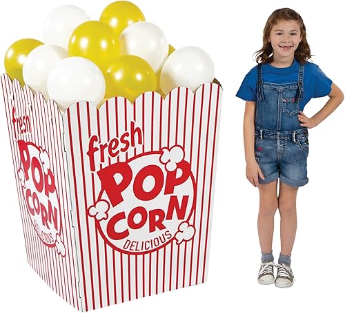 Fun Express Caja gigante de palomitas de maíz con soporte de cartón 3D, decoraciones nocturnas de cine para fiesta de teatro, diseño de rayas rojas