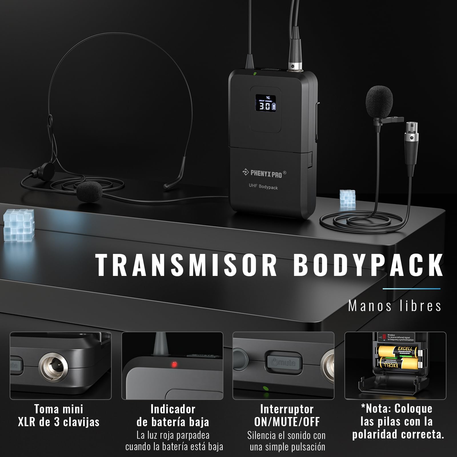 Phenyx Pro Sistema de Micrófono Inalámbrico UHF Dual Auto Scan PTU-71-2B | 2 bodypacks, 2 x 100 frecuencias, Alcance 328 ft, Voz manos libres, Voz en vivo, Servicios religiosos, Set para DJ