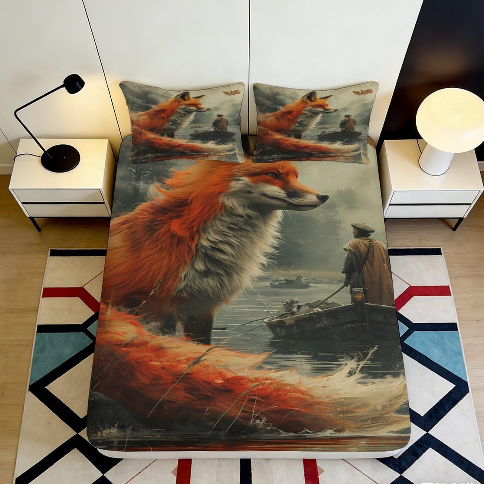 3D Printed Fox Forest Fitted Sheet Microfiber Soft Anti-Slip Animal Bed Cover for Bedroom Guestroom Dorm Mattress Decor 90x200x25cm