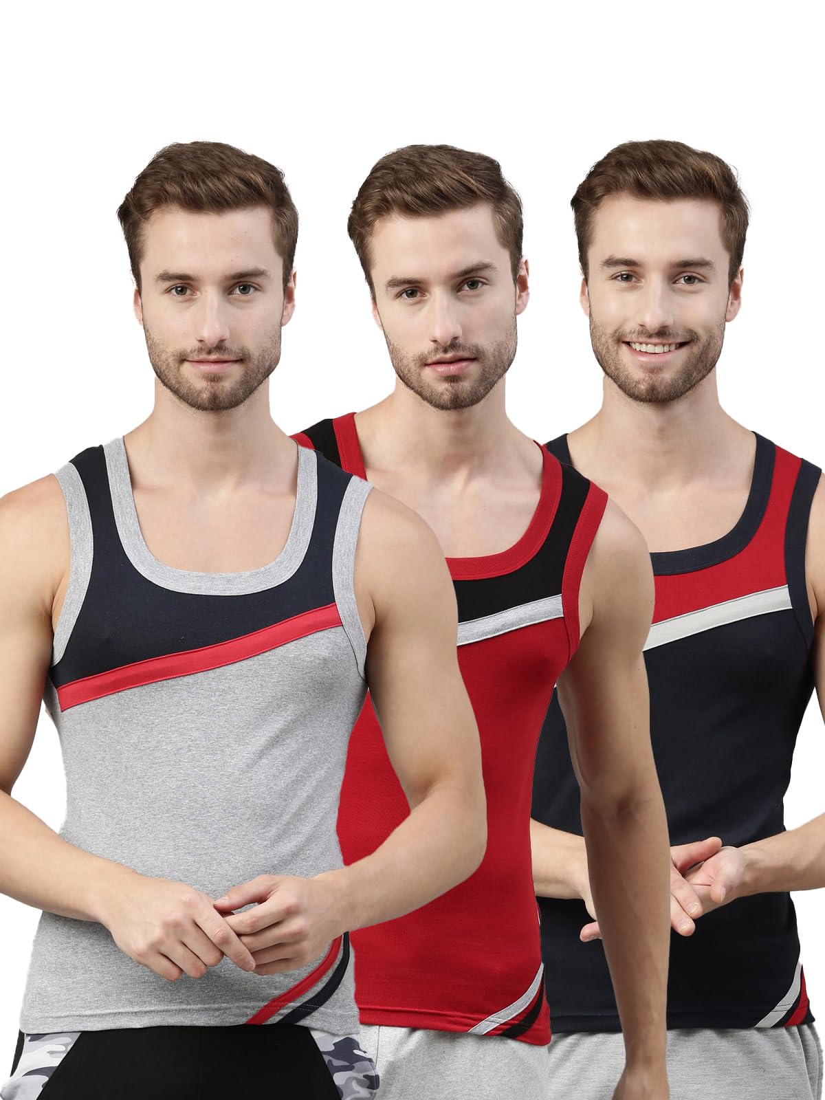 Men's Cut & Sew Color Printed Block On Chest 100% Combed Cotton Durable & Comfortable Round Neck Colorblock Sleeveless Muscle Fit Vest Innerwear - BOLD GYM B1400 (Pack of 3) | Color & Print May Vary-image-2