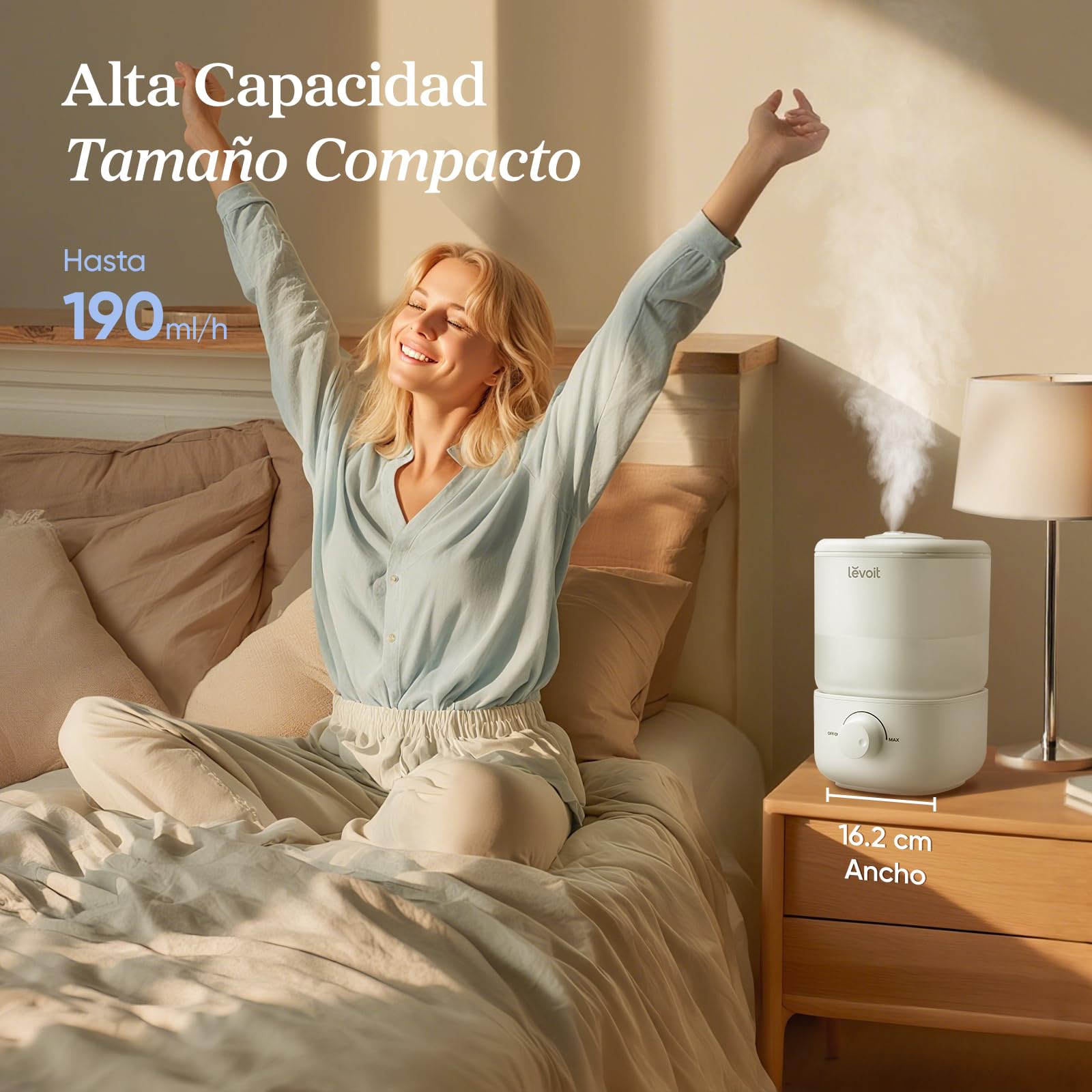 LEVOIT Humidificador Bebés, 2,5L Hasta 25H para Dormitorio, 23dB Silencioso Humidificador de aire para Bebés y Plantas, 17W, Boquilla Giratoria de 360°, Apagado Automático, sin BPA