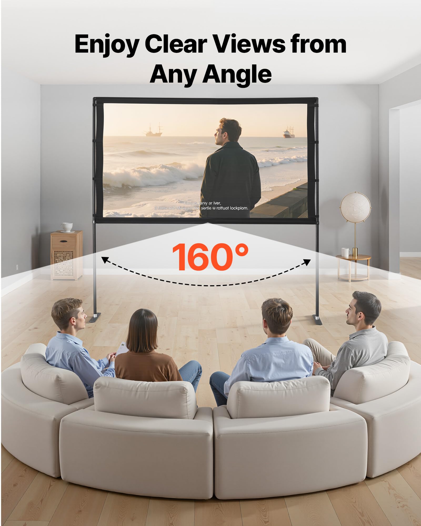 VEVOR Pantalla de Proyector con 2 Soportes de Pie Plano, Pantalla de Proyección Portátil Antiarruga de 203,2 cm con Bolsa de Transporte Ángulo Amplio de 160° 16:9 4K HD para Cine en Casa