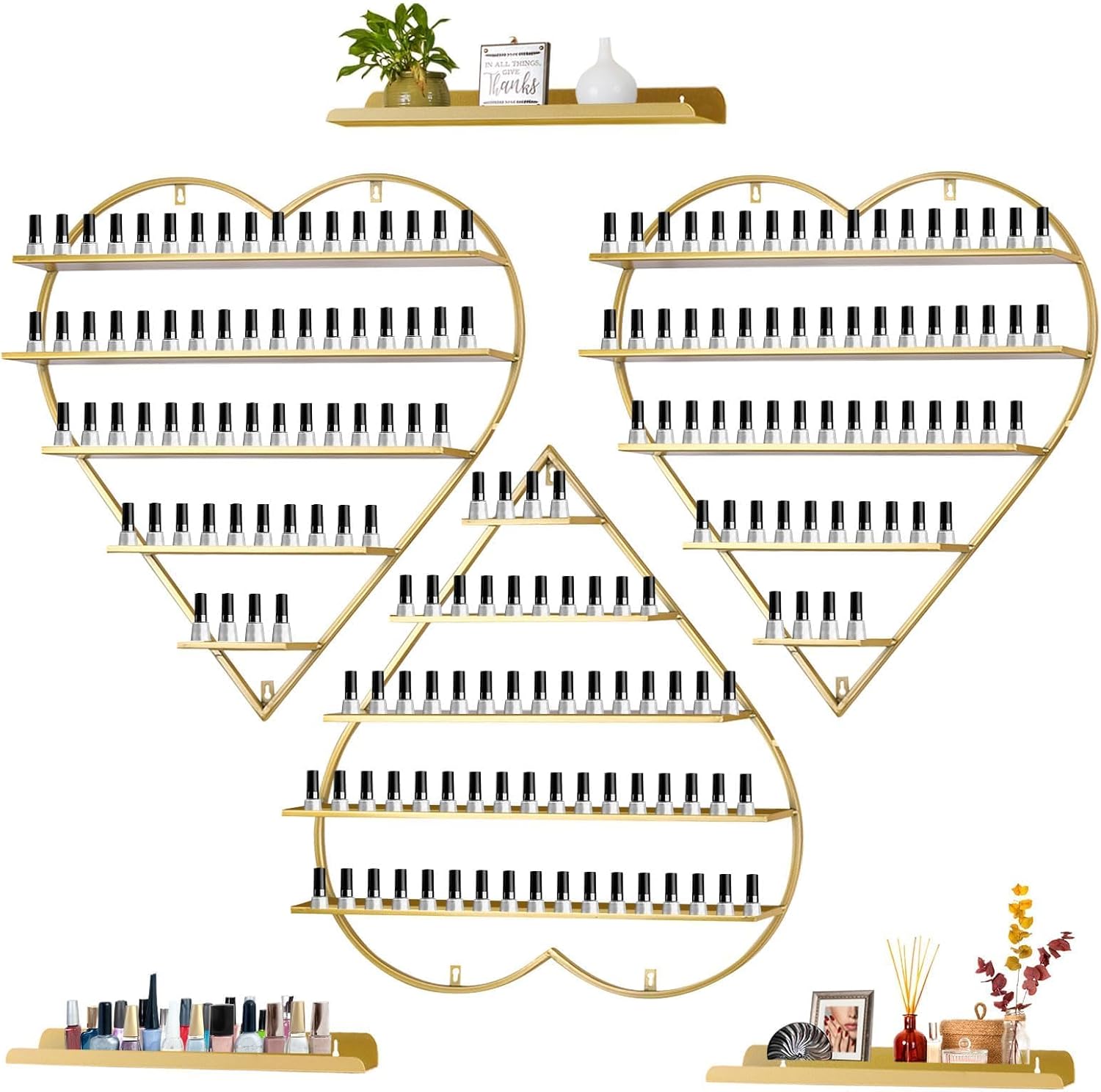 Lorvain Metal Wall-mounted Nail Polish Storage Racks 5 Tiers Gold Triangular Display Rack Heart-Shaped Cosmetic Display Case Lipstick Perfume Wall Shelf Essential Oil Organizer for Spa Nail Salon Shop Gold Heart