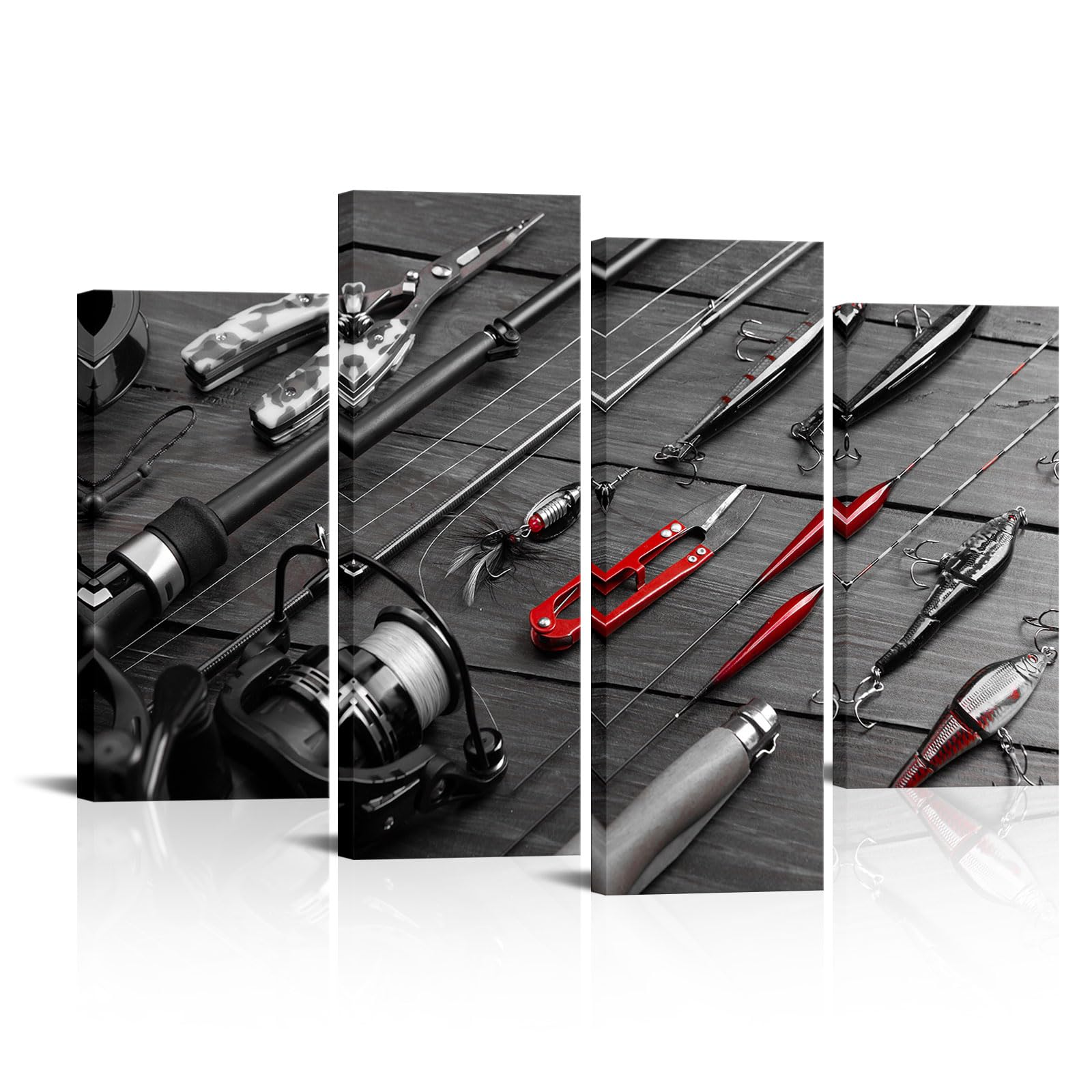 RnnJoile Fishing Wall Art Canvas Fishing Rod Picture Prints Black and Red Painting for Man Cave Wall Decor Framed Ready to Hang