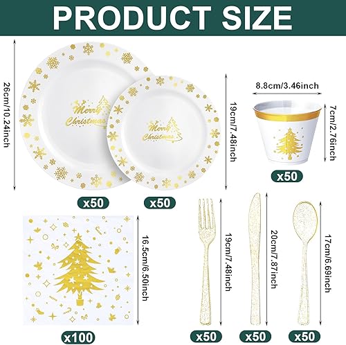 Miniatura 2 de El juego de vajilla de plástico de Navidad de 400 piezas incluye 100 platos de plástico desechables de Navidad, 100 servilletas de árbol de Navidad,