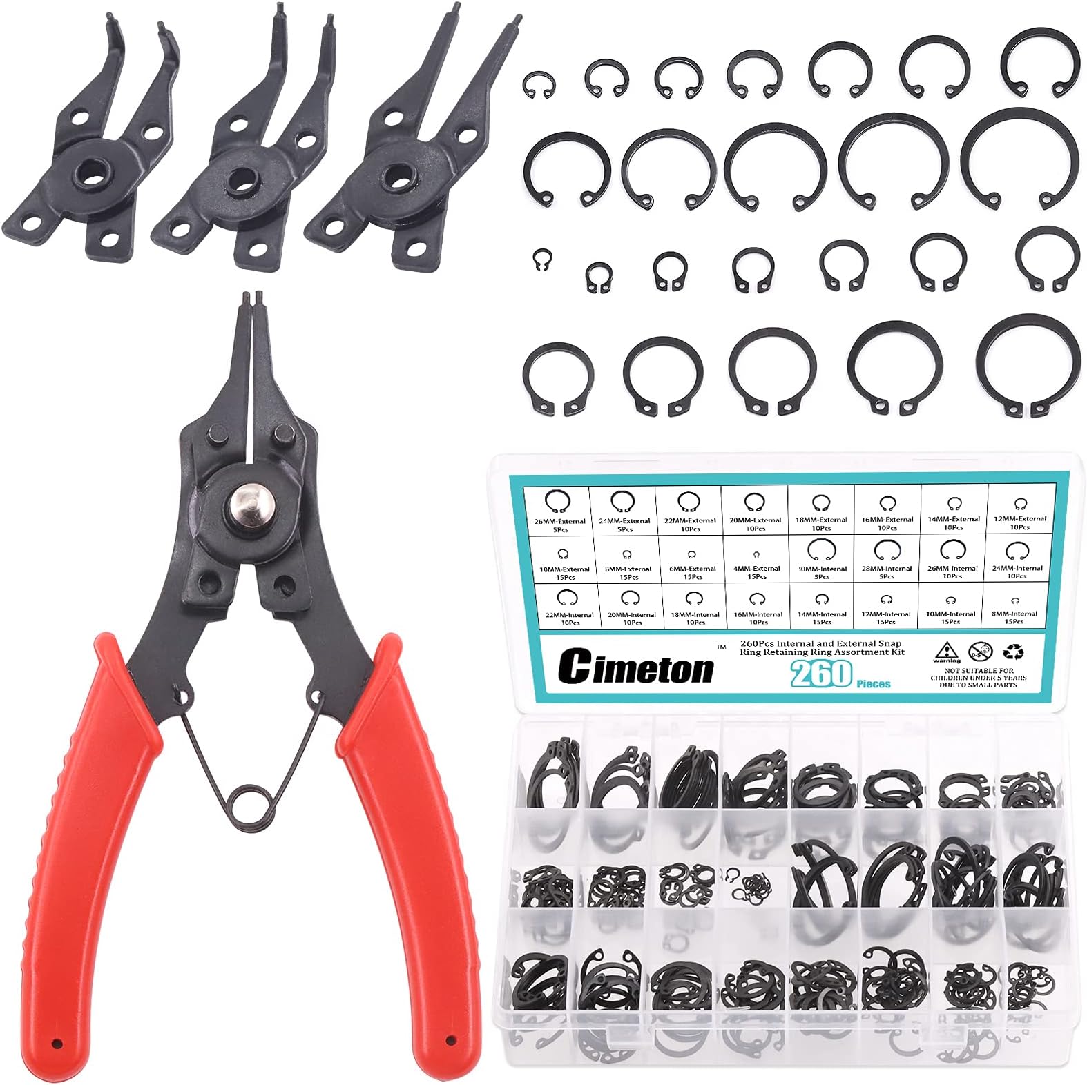 261Pcs 4 in 1 Snap Ring Pliers and Retaining Rings Assortment Set Includes Pliers and 12 Sizes Circlip Snap Retaining Clip Rings for Automotive and Engine Repair Work