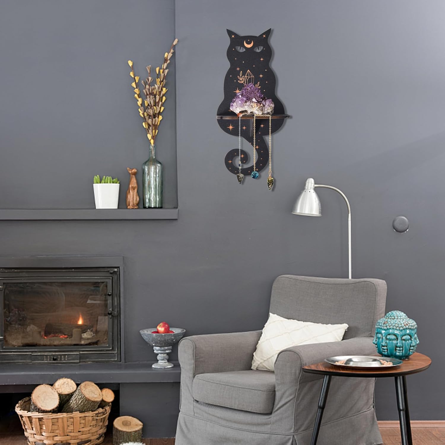 Black Crystal Display Shelf with Crystal Pendulum Holder, Witch Bat Moth Stuff, Wooden Kit, Hanging Rustic Stand