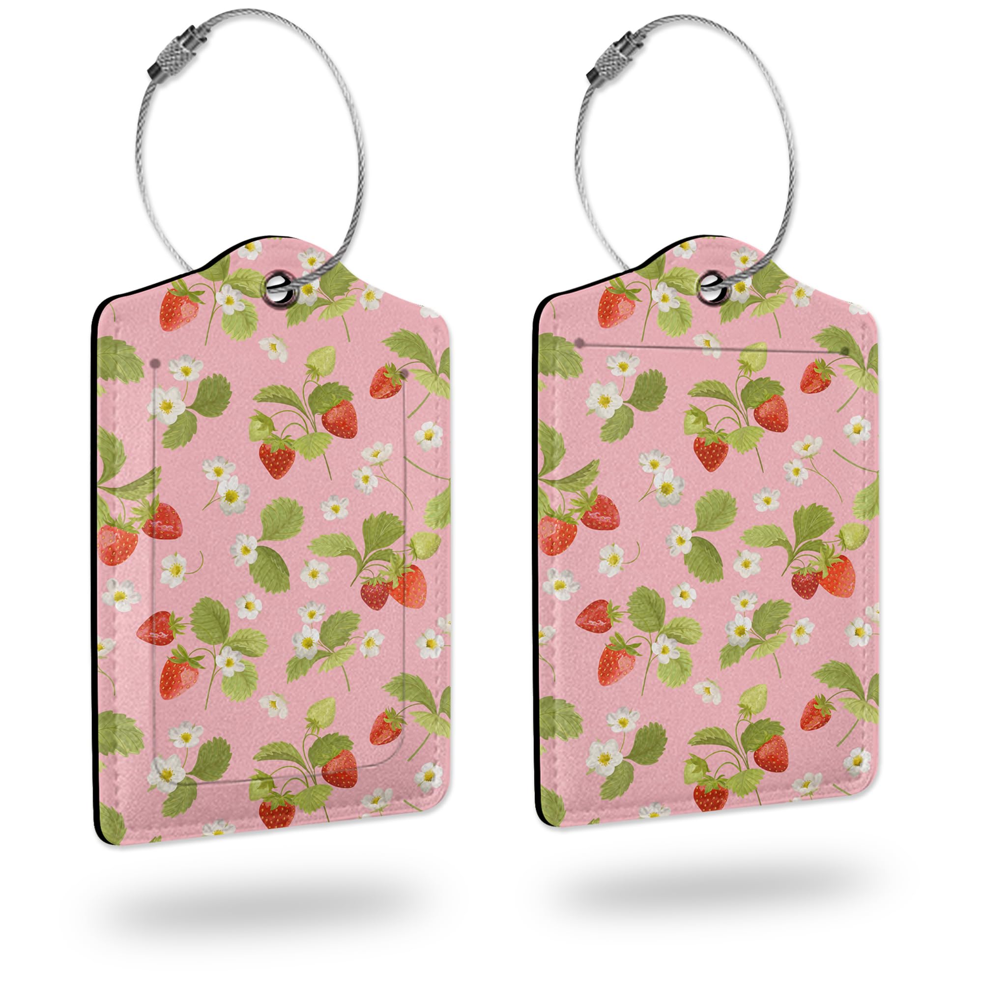 Luggage Tags for Suitcase,2 Pack Cute Pink Strawberry Flower Leather Travel Cruise Luggage Tag with Privacy Flap, Name ID Label and Metal Loop for