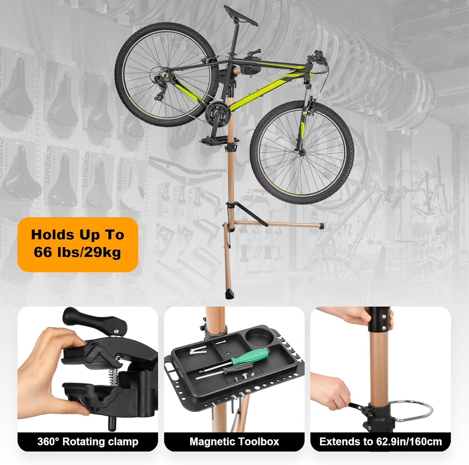 66 LBS Bike Repair Stand- Bicycle Stand for Mechanic Maintenance Rack- Bike Mechanic Workstand for E-bikes, Mountain Bikes and Road Bikes-Whole Aluminum Alloy, Height Adjustable- Champagne