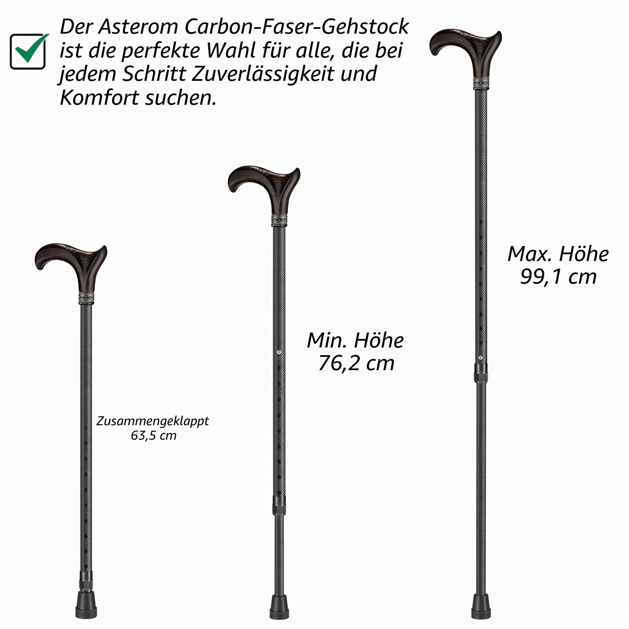 Asterom Carbon Fiber Cane - Lightweight, Ergonomic, Adjustable - Walking Canes for Men & Women, Carbon Walking Cane, Cool Walking Sticks for Seniors