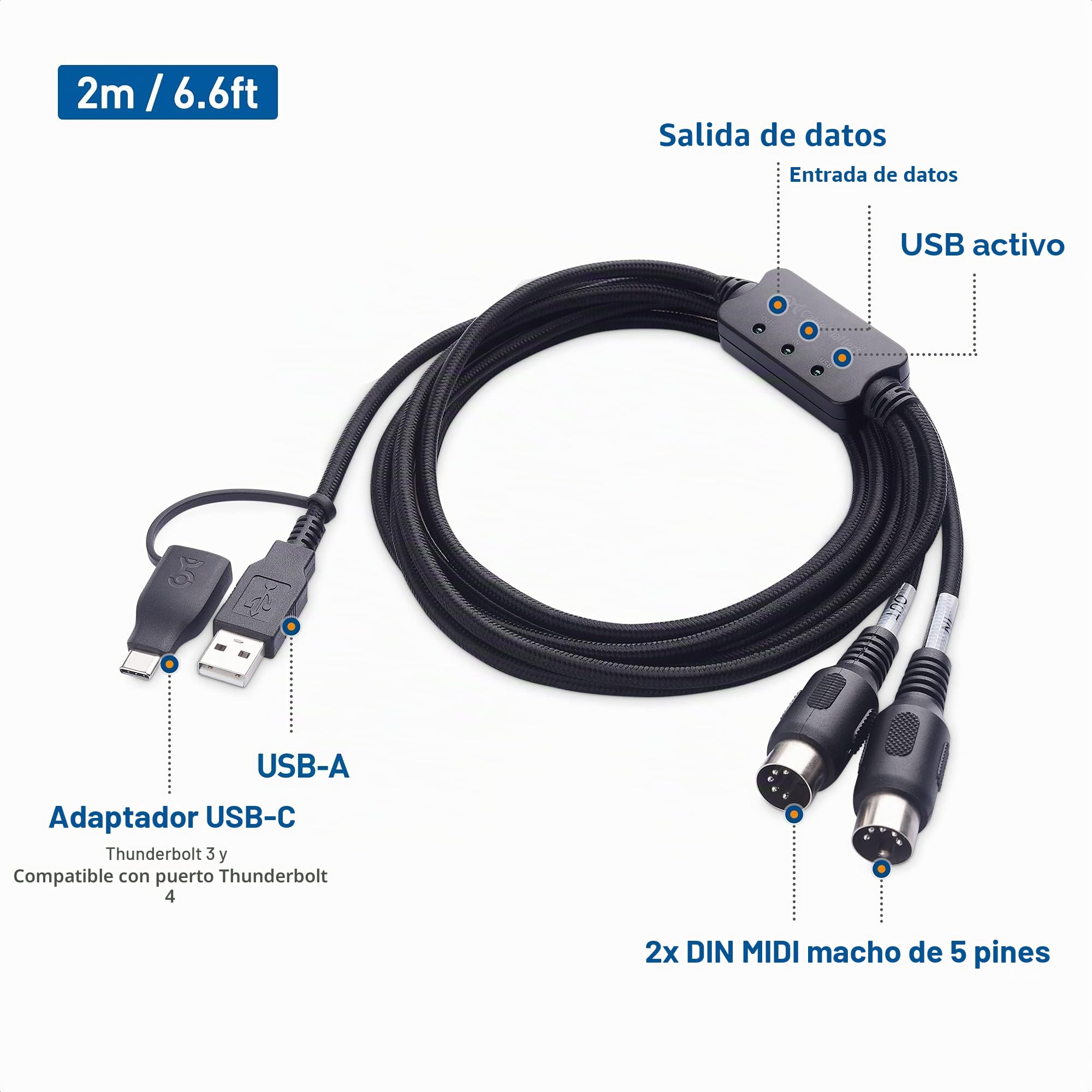 Cable Matters Cable MIDI a USB (cable USB MIDI, cable MIDI a USB C) en negro - 2 m