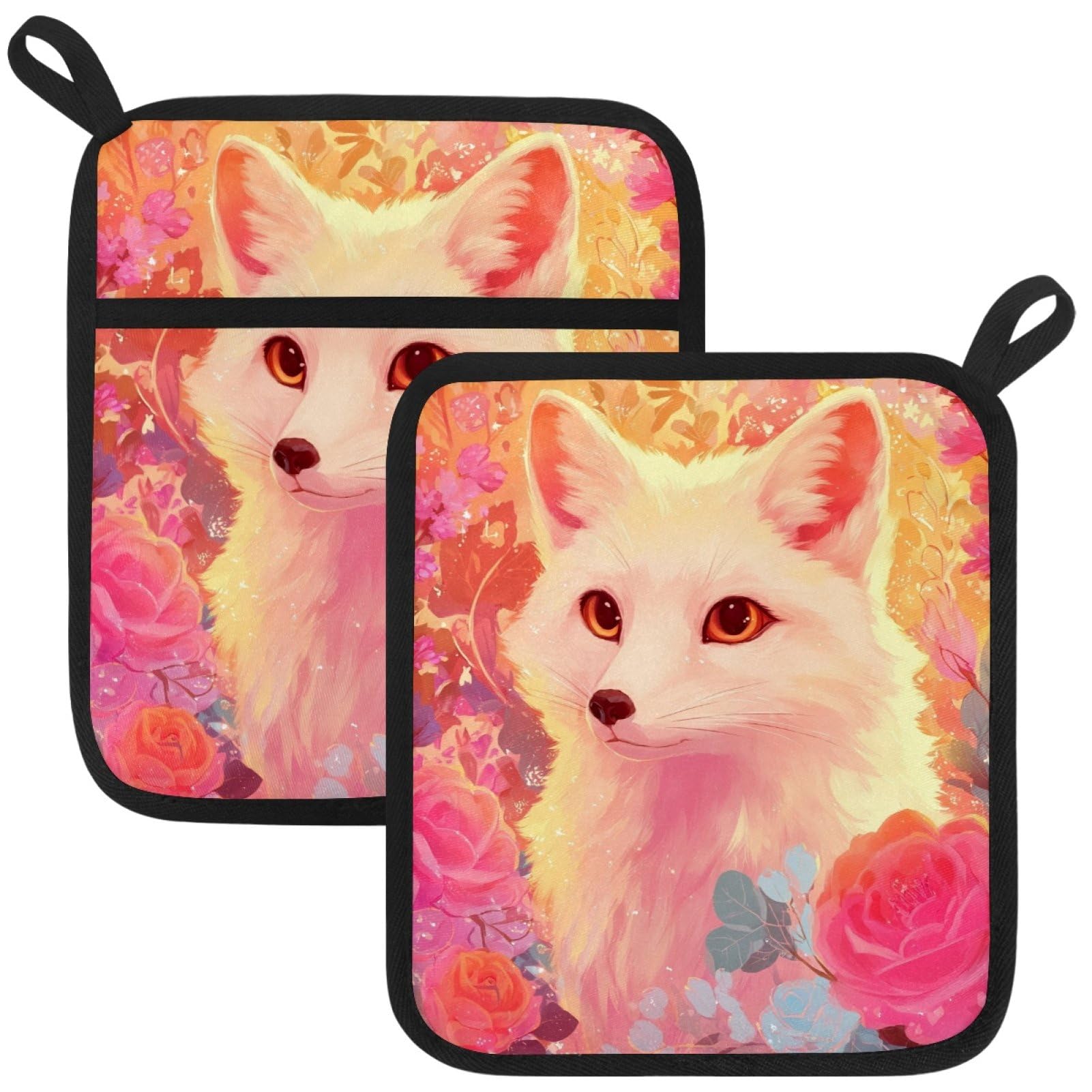 VAPOKF White Fox Heat Resistant Pot Holders, Thick Pot Holders Pad with Hanging Loop for Kitchen, Oven Cloth Pads for Kitchen Baking Microwave Oven