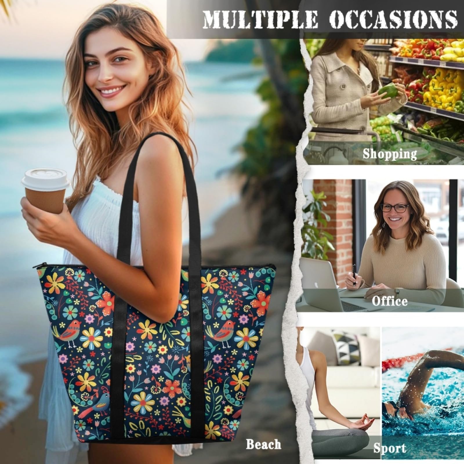 Tote Bag Tela Bolsas de Tela Poliéster Bolso de Mano de Mujer Reutilizable Bolsa Compra Plegable Tote Bag Cremallera Bolso Viaje Duradero Totebag