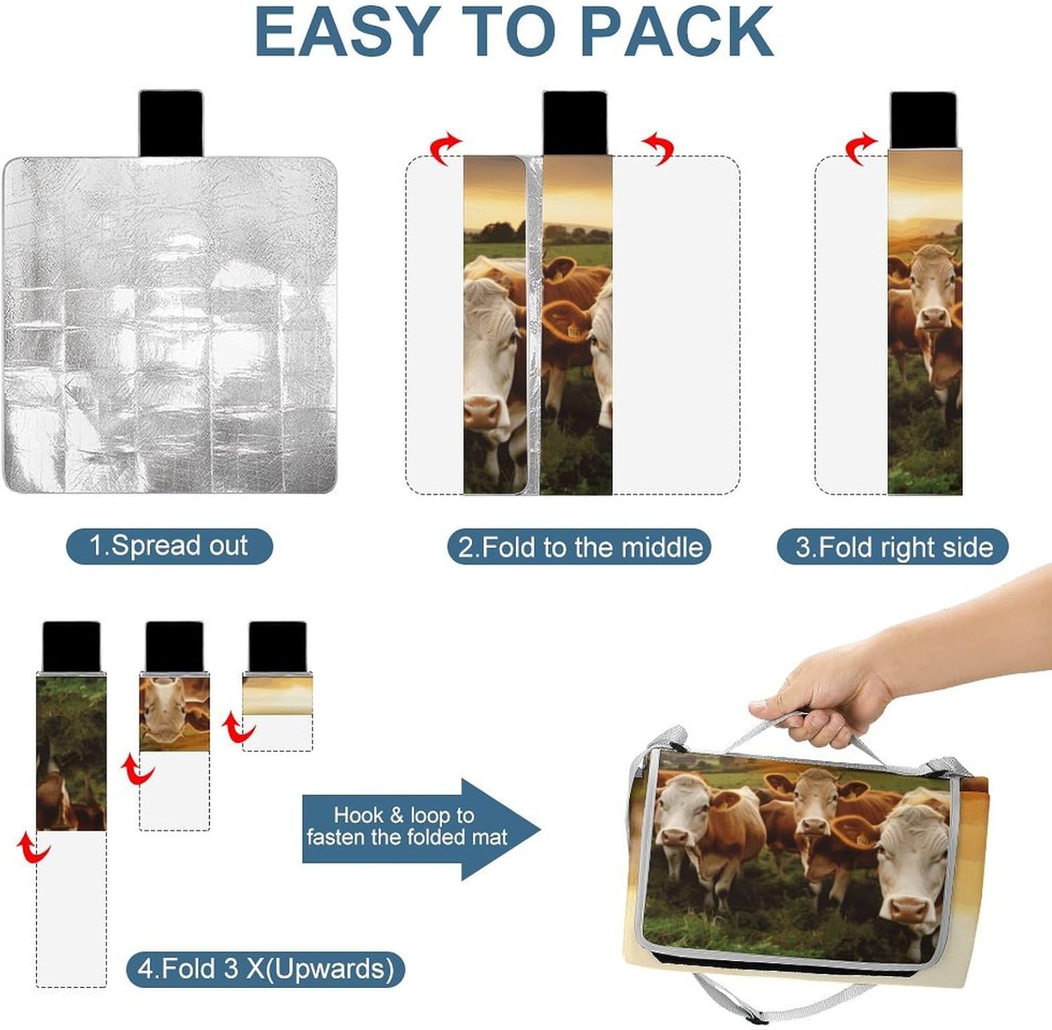 Animal Cows Waterproof Picnic Blanket 58.3''x58.3'',Portable and Foldable Picnic Mat with Handle,Outdoor Blankets for Lawn Park Beach Travel