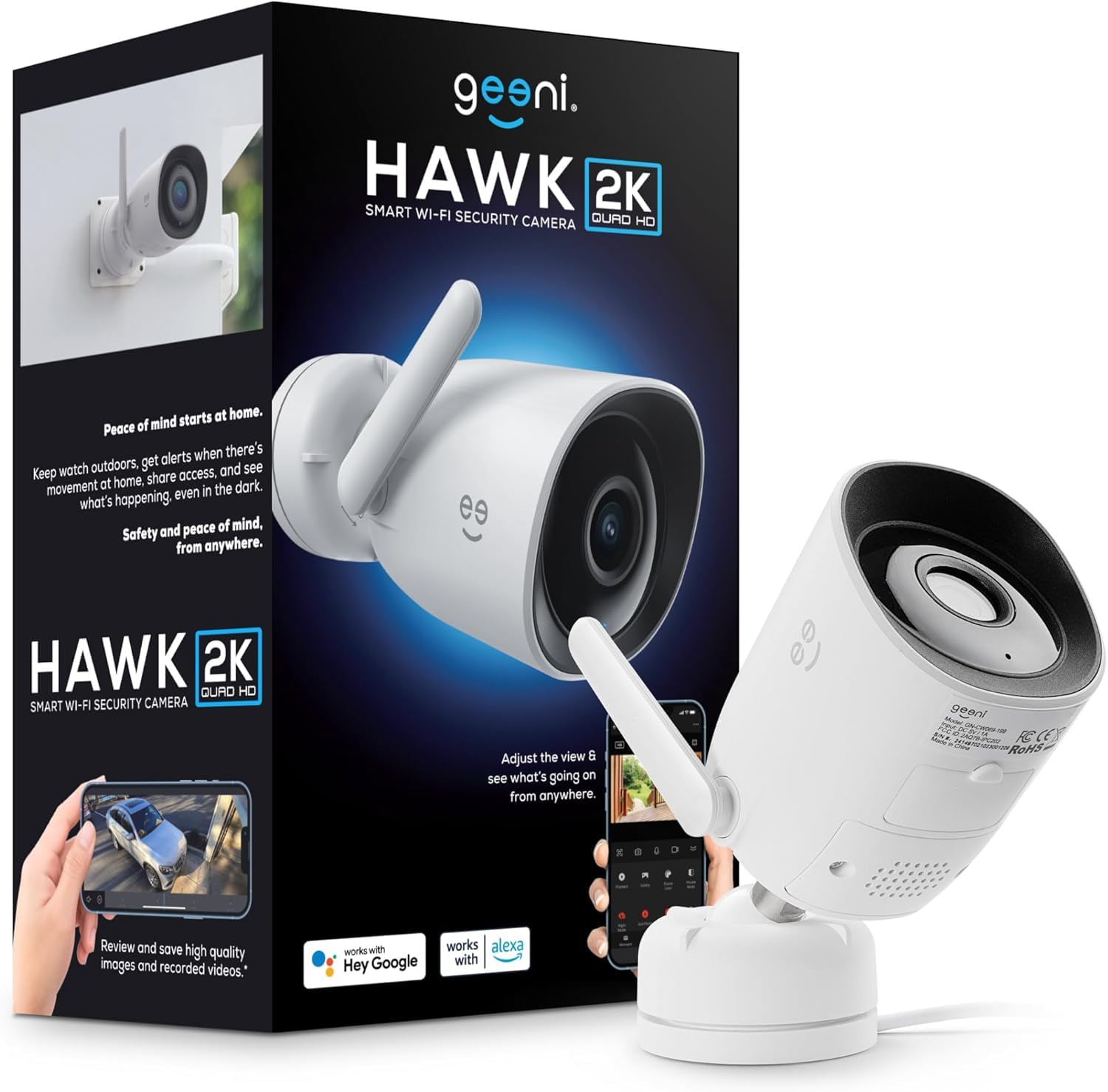Geeni Hawk 2 Outdoor Security Camera, a white bullet-style camera with an antenna, mounted on a wall.